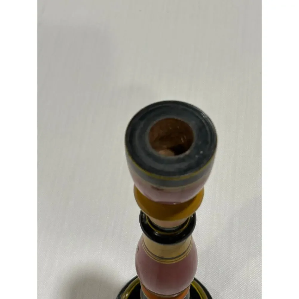 Wooden Folk Art striped candlestick red yellow black orange vintage hand painted